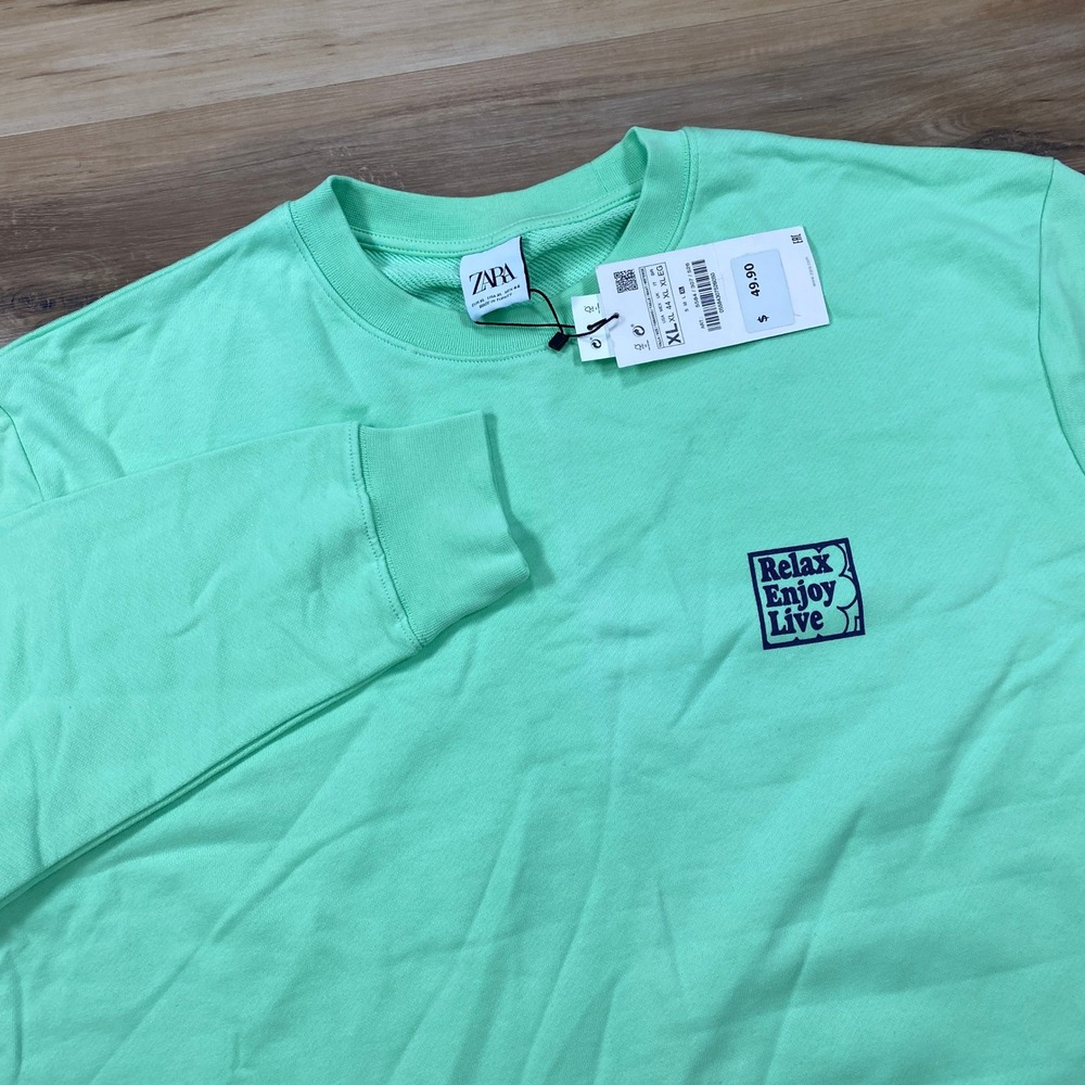 Zara Sweatshirt Mens XL Streetwear Cotton Relaxed Fit Mint Green New With Tags - Picture 1 of 8